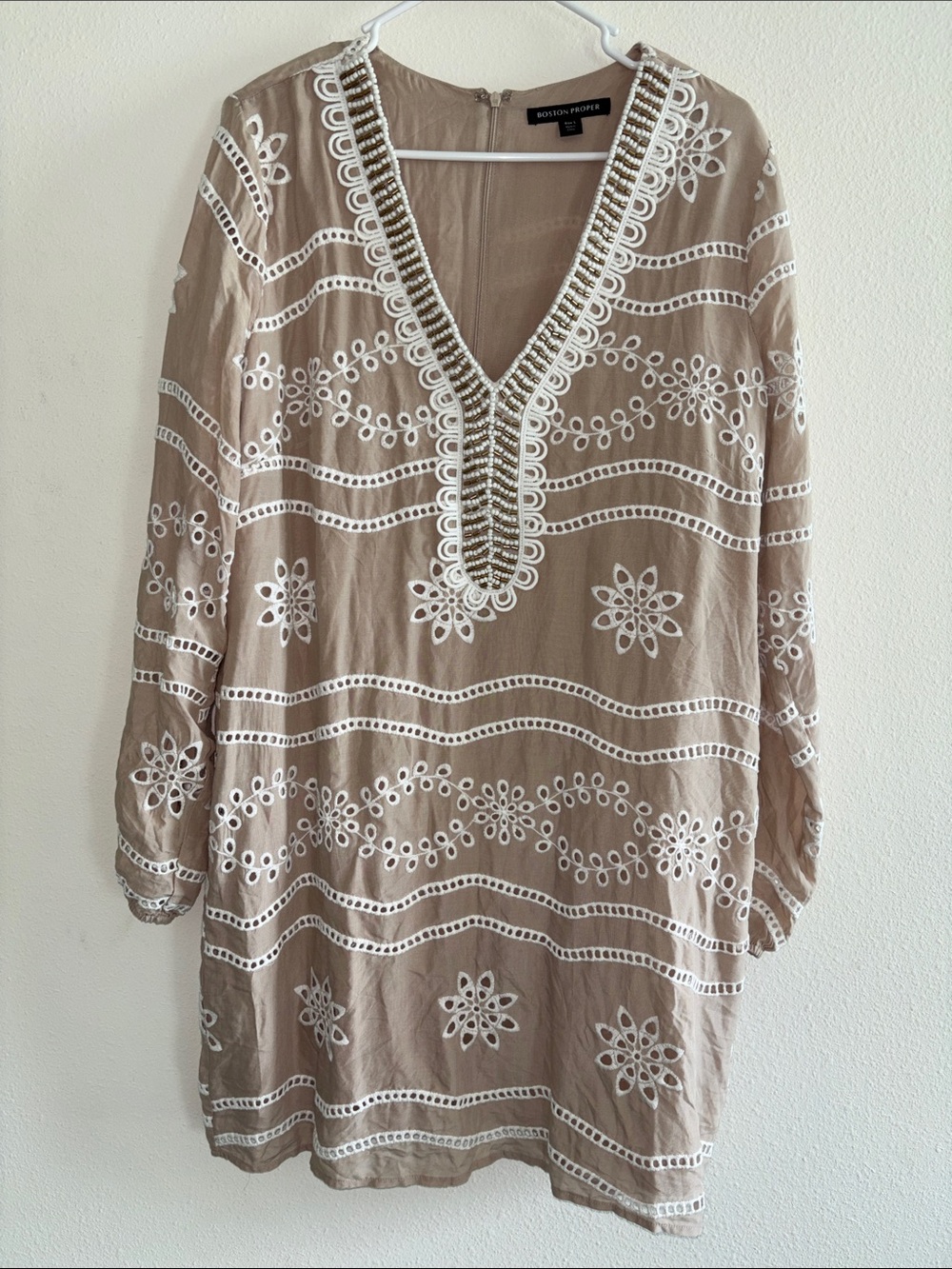 Boston Proper Taupe Embroidered V-Neck Tunic with White Trim